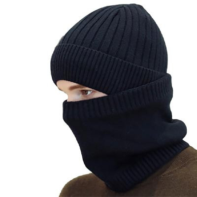 Unisex Black Solid 2 In 1 Warm Wollen Cap & Neck Warmer