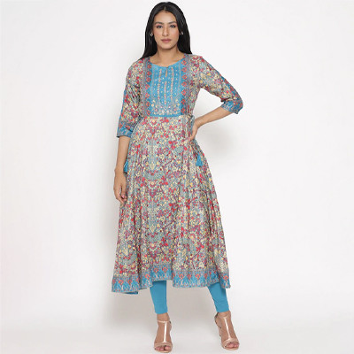 Women Teal Floral Printed Empire Kurti with Salwar