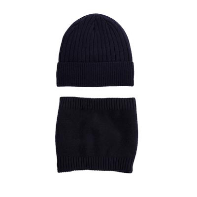 Unisex Black Solid 2 In 1 Warm Wollen Cap & Neck Warmer