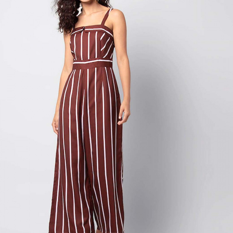 Women Maroon & White Striped Basic Jumpsuit