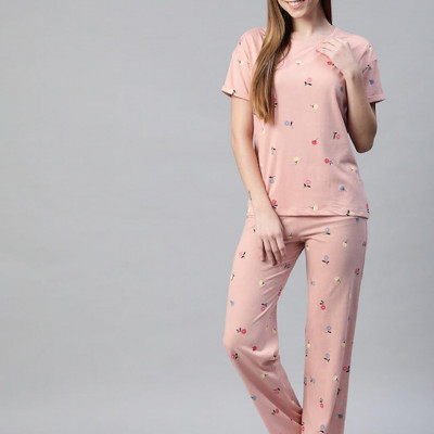 Women Pink & Navy Blue Printed Night suit