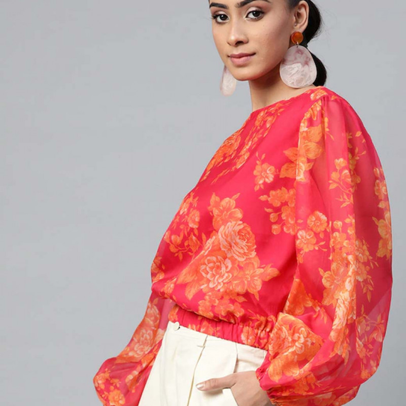 Pink & Orange Floral Printed Puff Sleeves Blouson Top