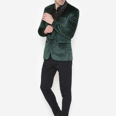 WINTAGE Men Green Solid Single-Breasted Velvet Blazer