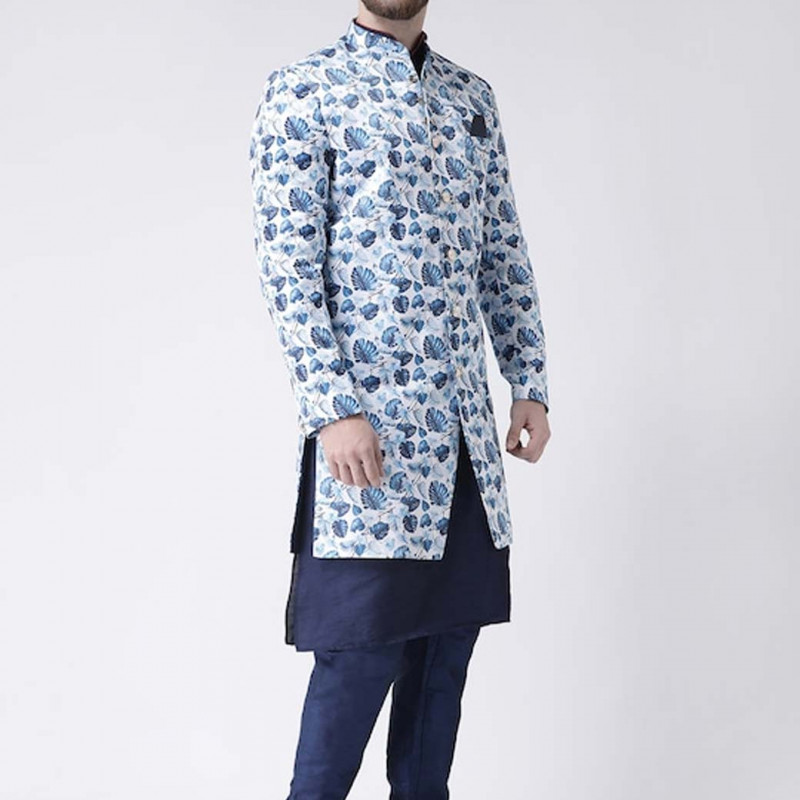 Men Blue & White Printed Sherwani Set