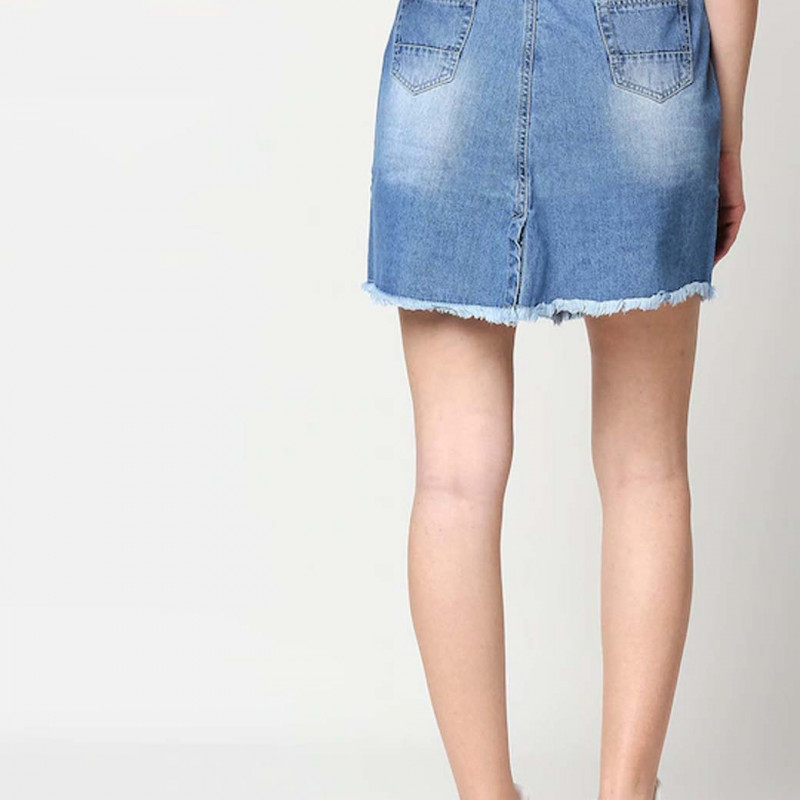 Women Blue Solid Distressed A-Line Mini Denim Skirt