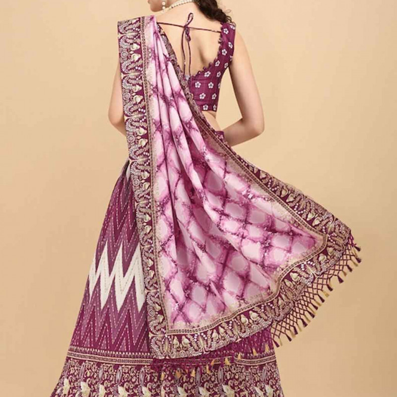 Purple & White Printed Semi-Stitched Lehenga & Unstitched Blouse With Dupatta