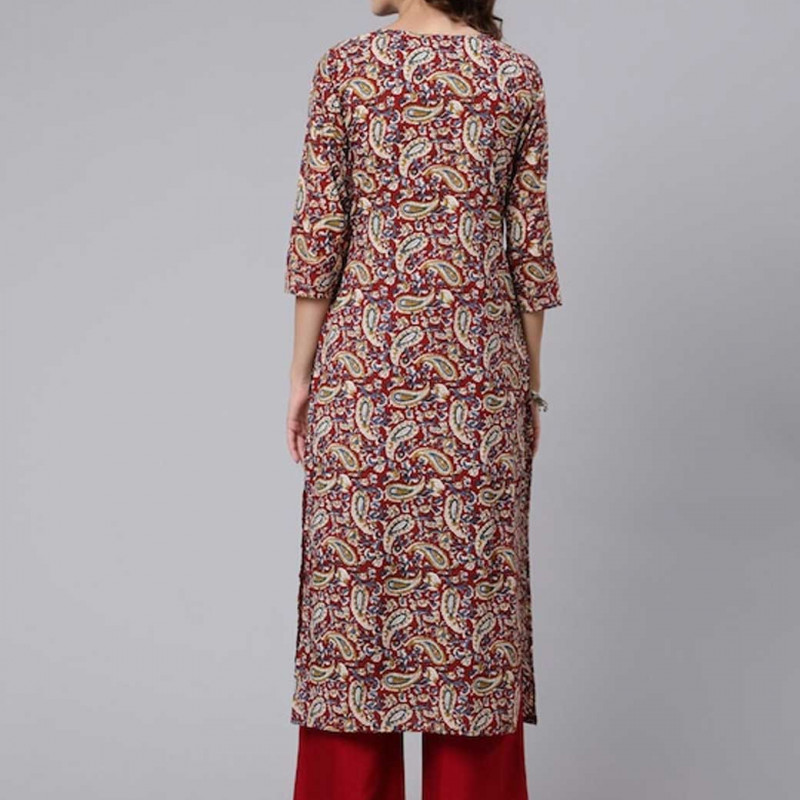 Women Maroon And Blue Paisley Printed Cotton Kurta